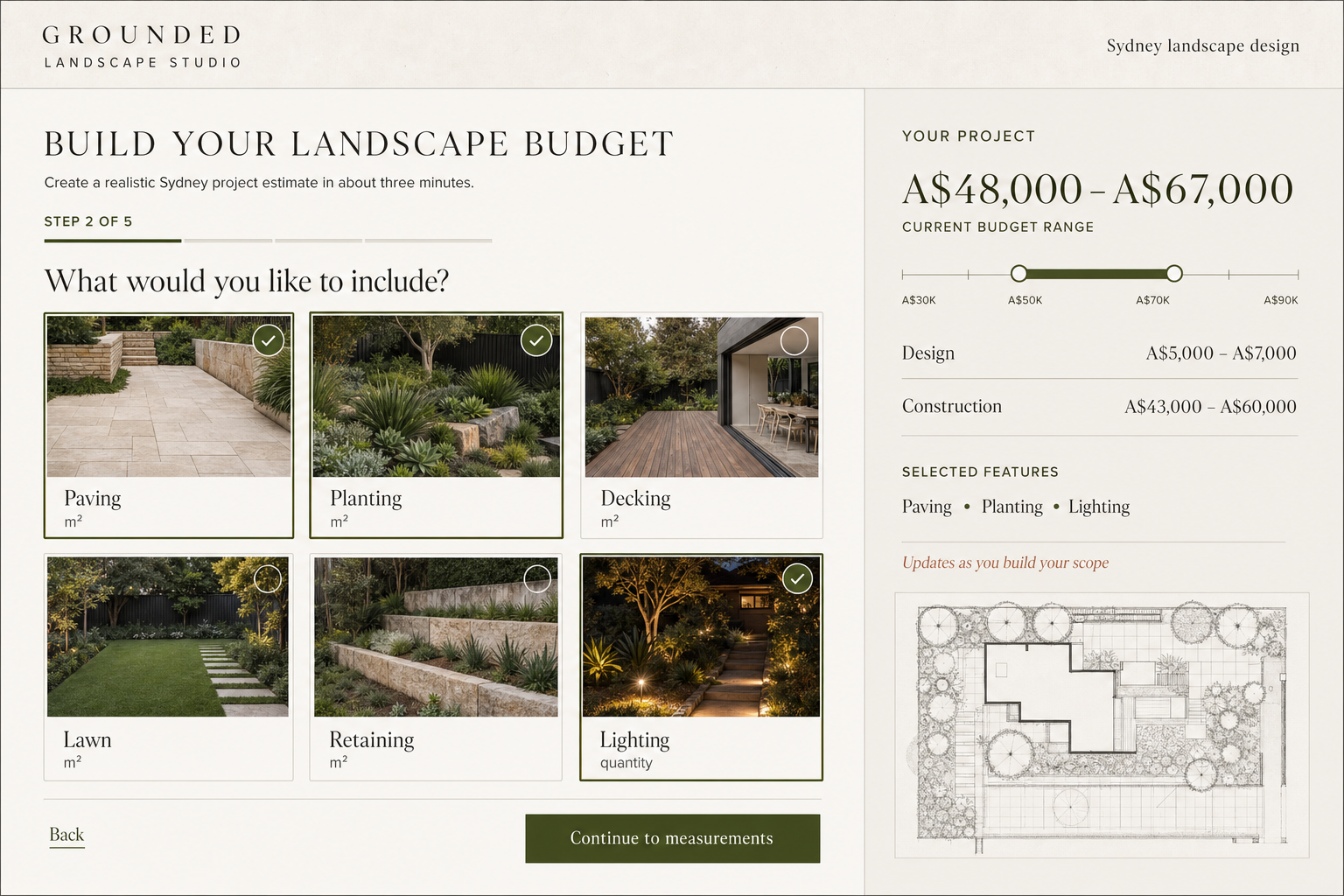 Landscape budget estimator showing visual project choices and a live budget summary